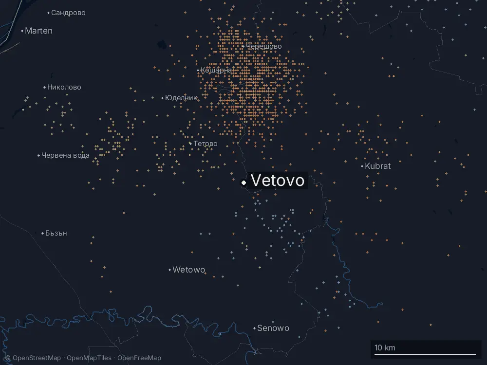 Karte der Blitze bei Vetovo am Donnerstag, 2. Juli 2026