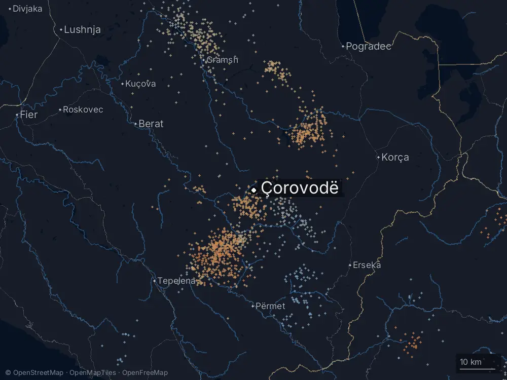 Karte der Blitze bei Çorovodë am Freitag, 3. Juli 2026