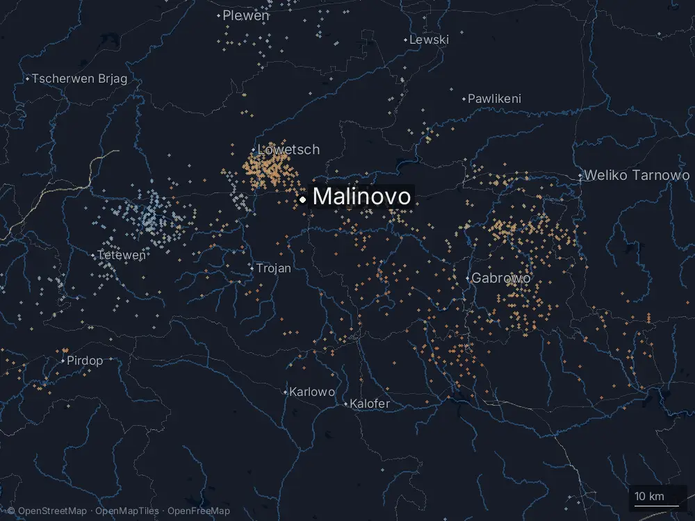 Karte der Blitze bei Malinovo am Freitag, 3. Juli 2026