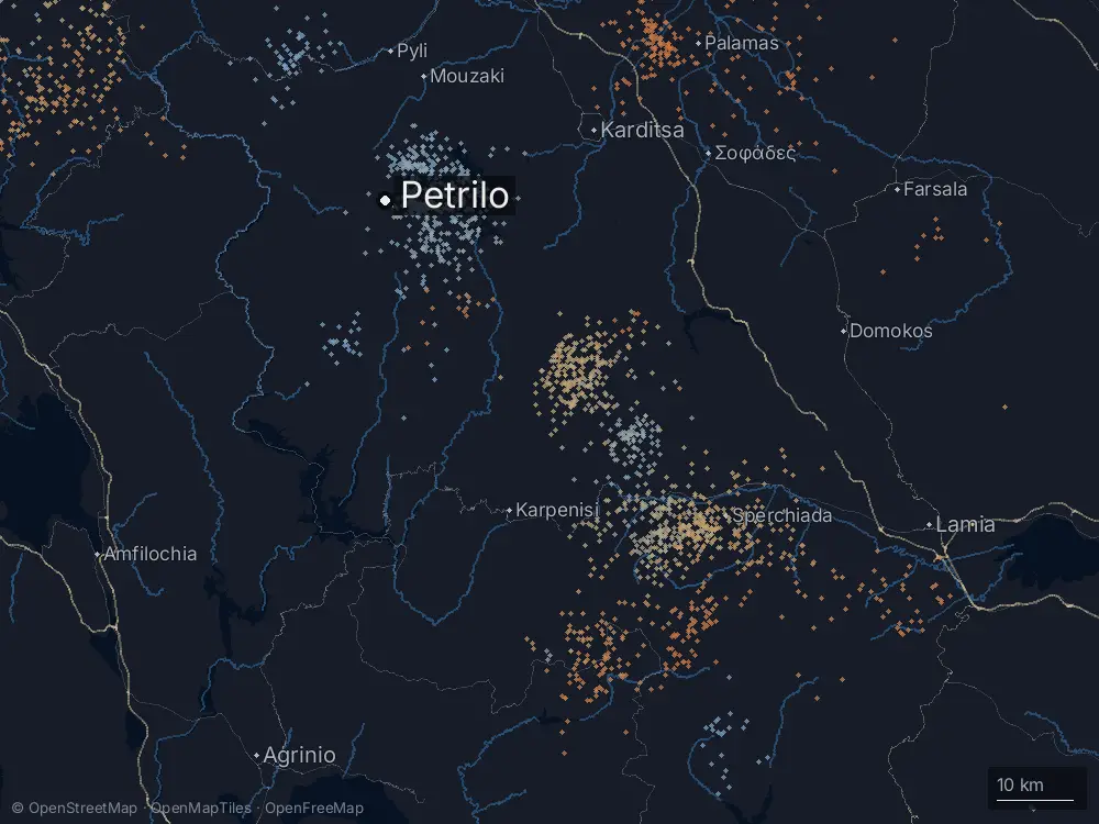 Karte der Blitze bei Petrilo am Freitag, 3. Juli 2026