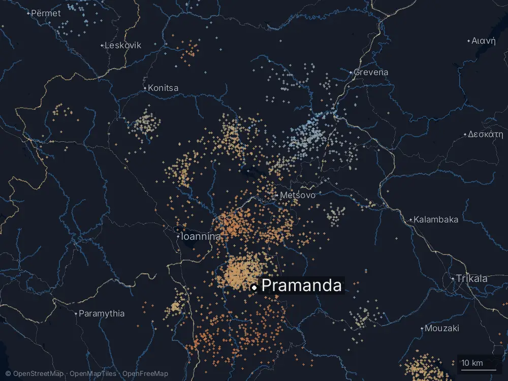 Karte der Blitze bei Pramanda am Freitag, 3. Juli 2026