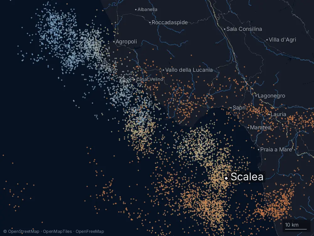 Karte der Blitze bei Scalea am Freitag, 3. Juli 2026