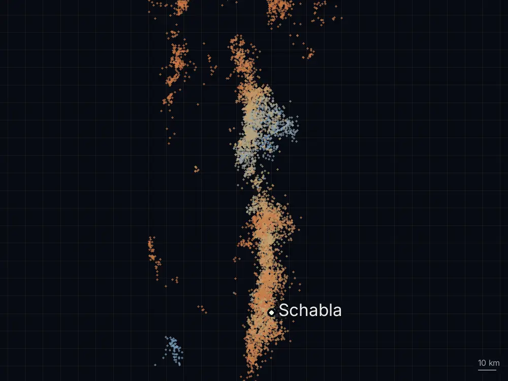 Karte der Blitze bei Schabla am Freitag, 3. Juli 2026