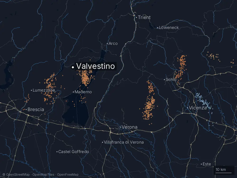 Karte der Blitze bei Valvestino am Montag, 6. Juli 2026