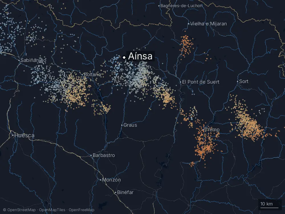 Karte der Blitze bei Aínsa am Mittwoch, 8. Juli 2026
