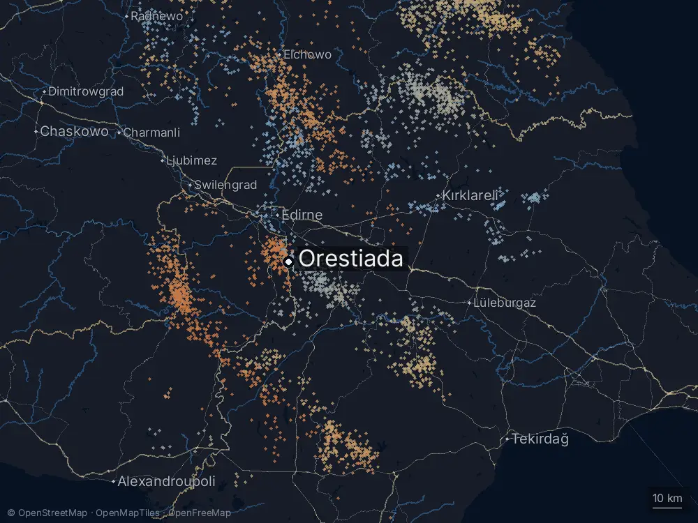 Karte der Blitze bei Orestiada am Donnerstag, 9. Juli 2026