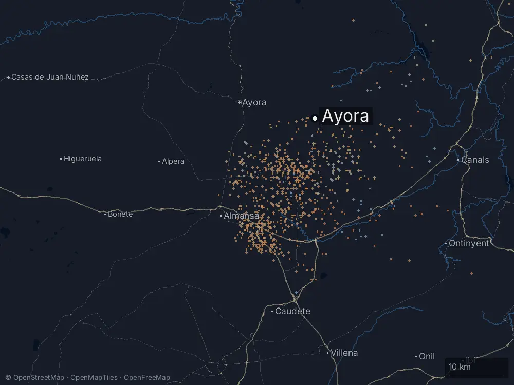 Karte der Blitze bei Ayora am Freitag, 10. Juli 2026