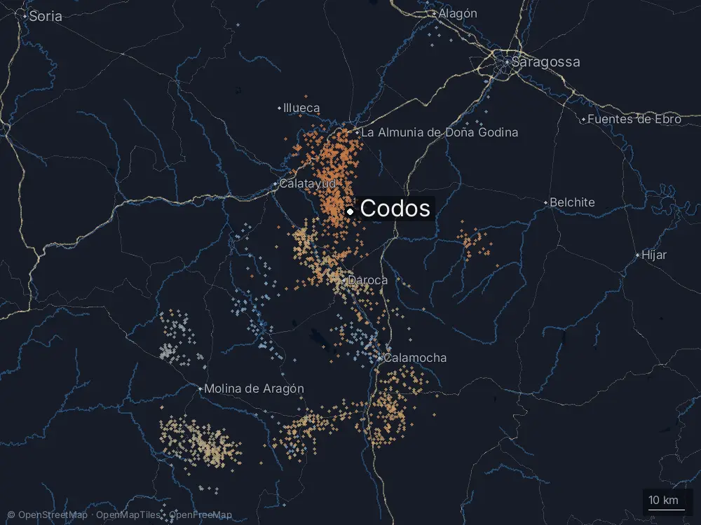 Karte der Blitze bei Codos am Freitag, 10. Juli 2026