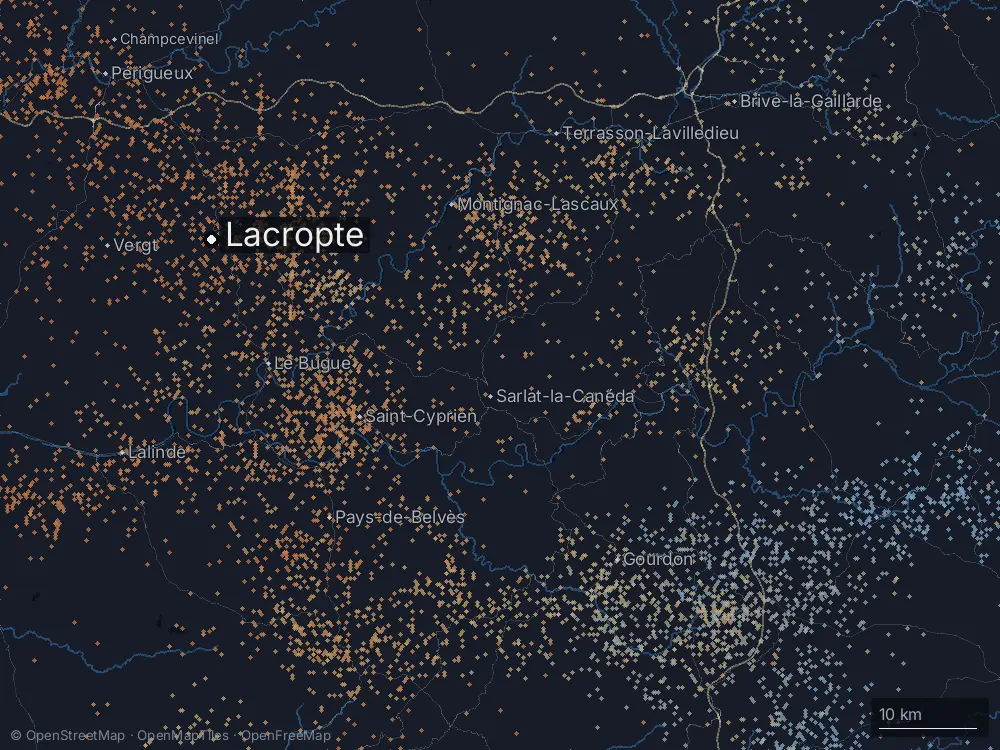 Karte der Blitze bei Lacropte am Freitag, 10. Juli 2026
