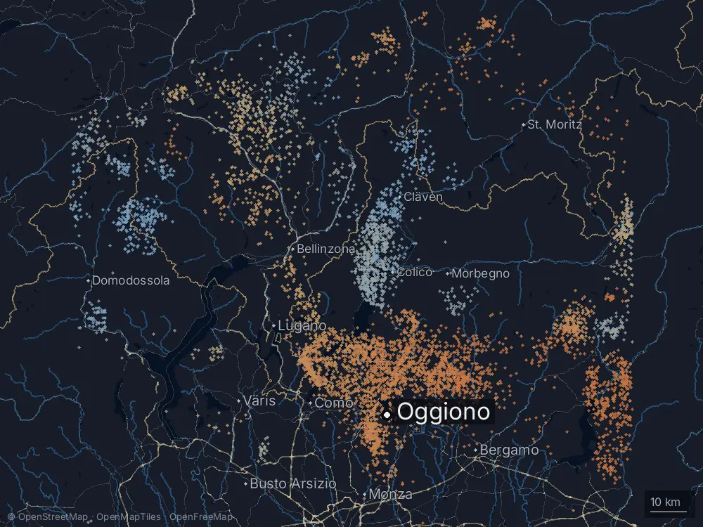 Karte der Blitze bei Oggiono am Freitag, 10. Juli 2026