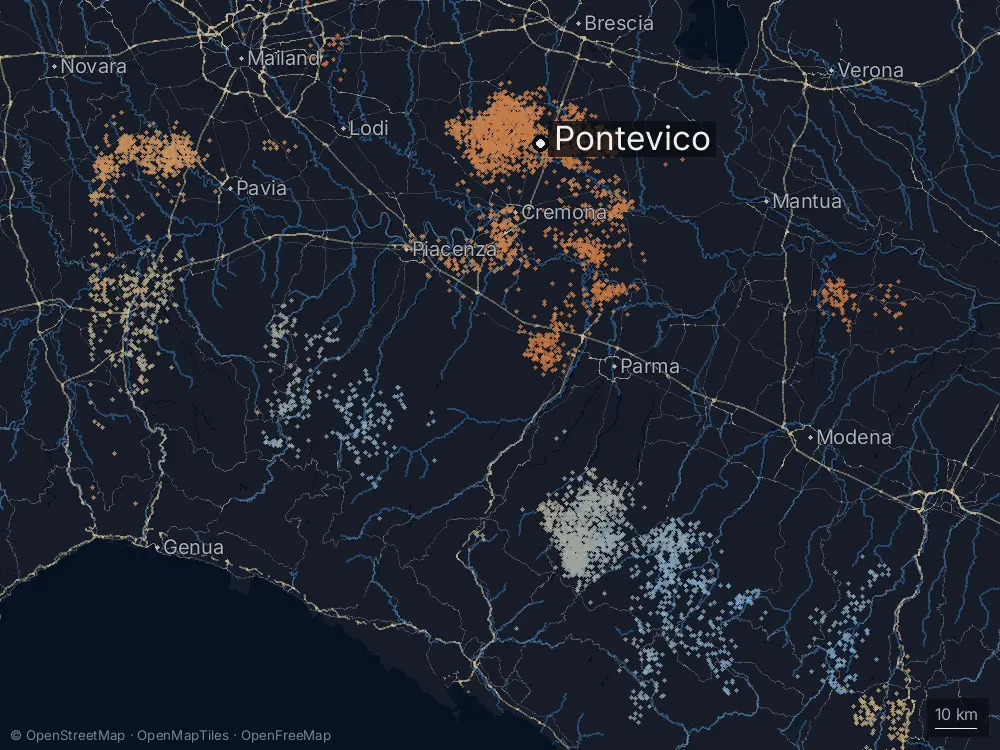 Karte der Blitze bei Pontevico am Freitag, 10. Juli 2026