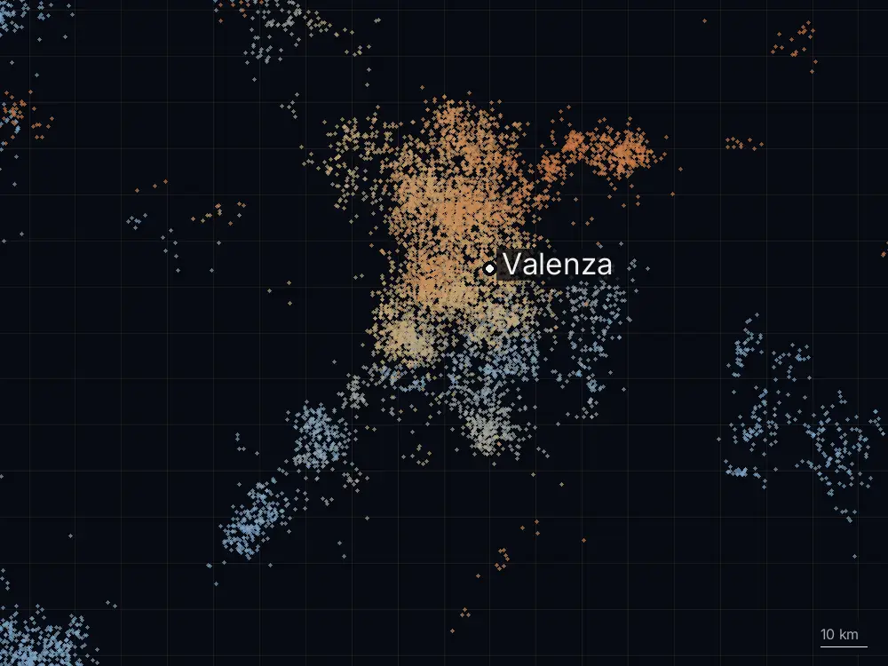 Karte der Blitze bei Valenza am Freitag, 10. Juli 2026