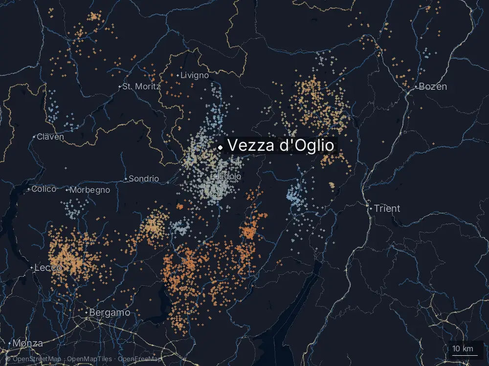 Karte der Blitze bei Vezza d'Oglio am Freitag, 10. Juli 2026