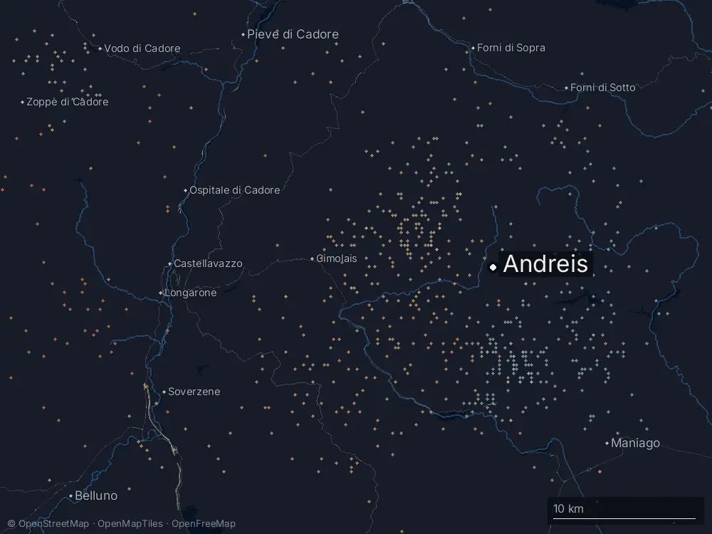 Karte der Blitze bei Andreis am Samstag, 11. Juli 2026