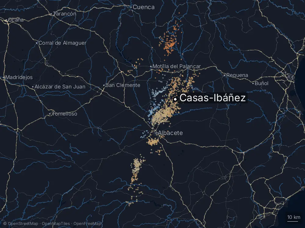 Karte der Blitze bei Casas-Ibáñez am Sonntag, 12. Juli 2026