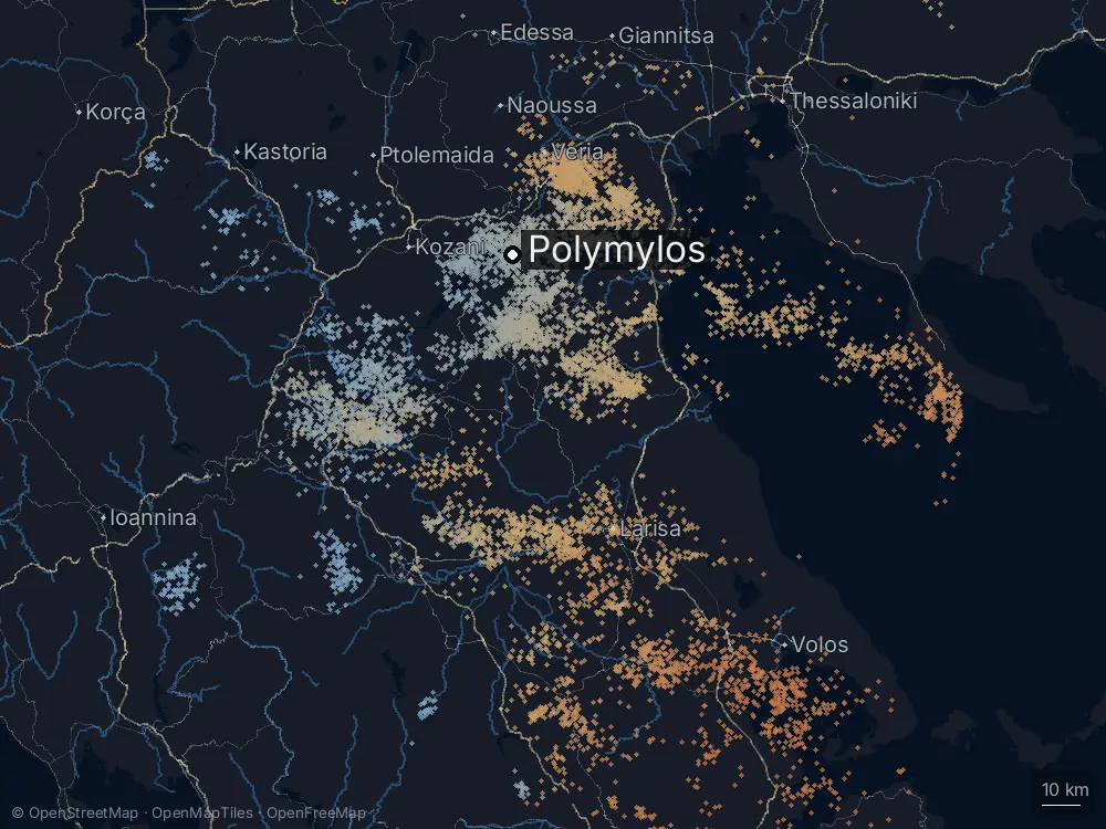 Karte der Blitze bei Polymylos am Sonntag, 12. Juli 2026