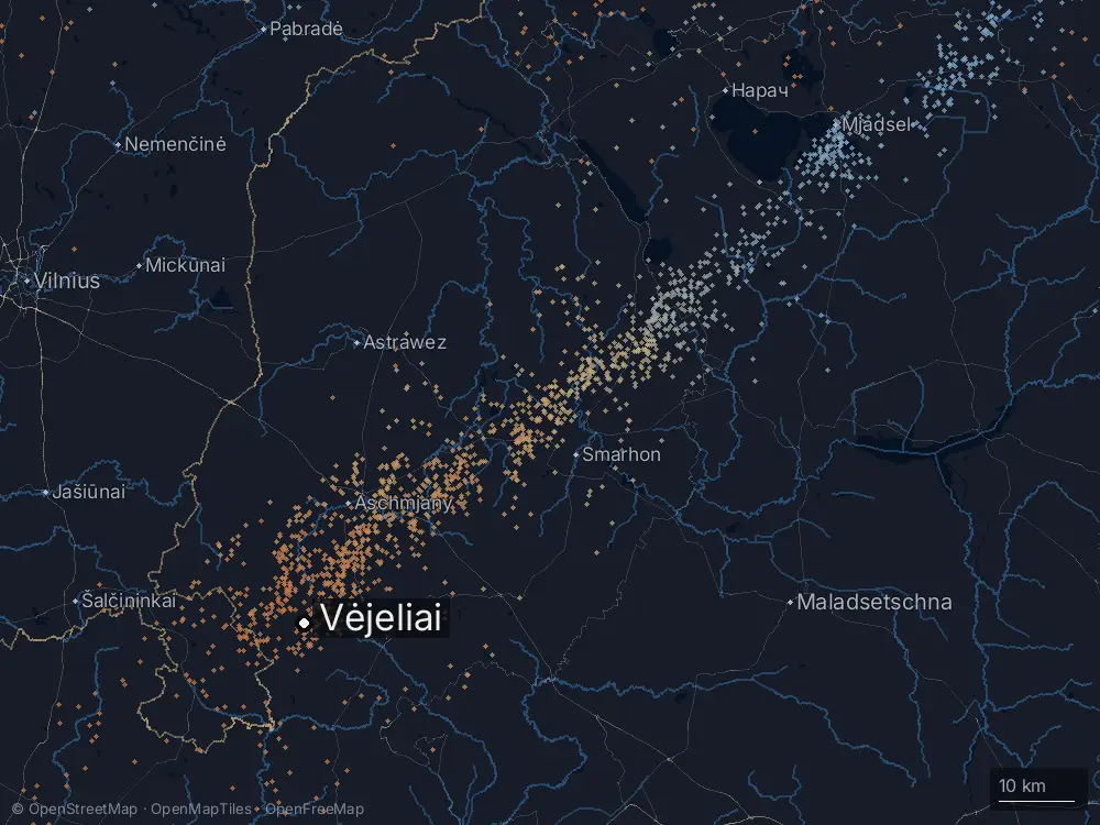 Karte der Blitze bei Vėjeliai am Sonntag, 12. Juli 2026