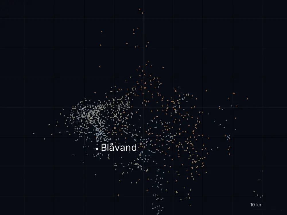 Karte der Blitze bei Blåvand am Montag, 13. Juli 2026