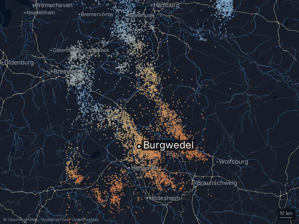 Karte der Blitze bei Burgwedel am Montag, 13. Juli 2026