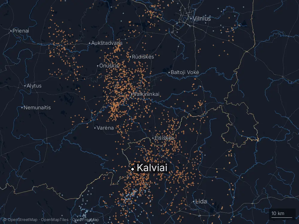 Karte der Blitze bei Kalviai am Montag, 13. Juli 2026