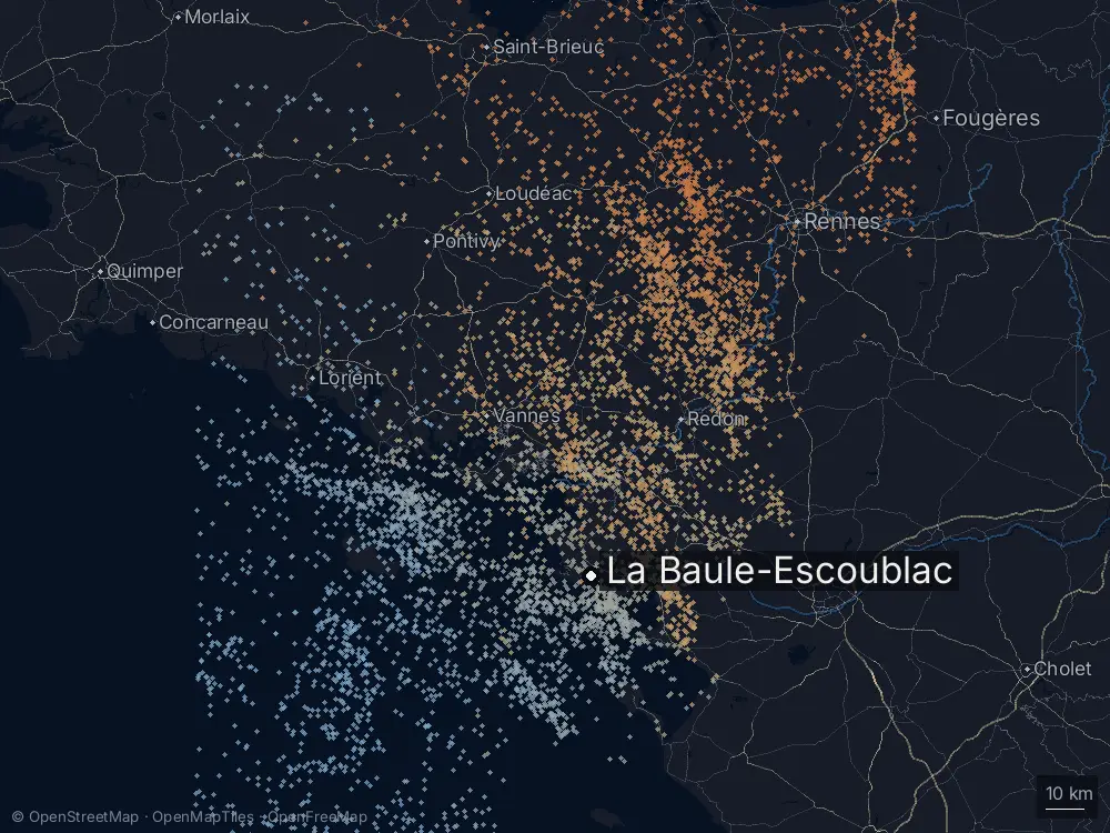 Karte der Blitze bei La Baule-Escoublac am Montag, 13. Juli 2026