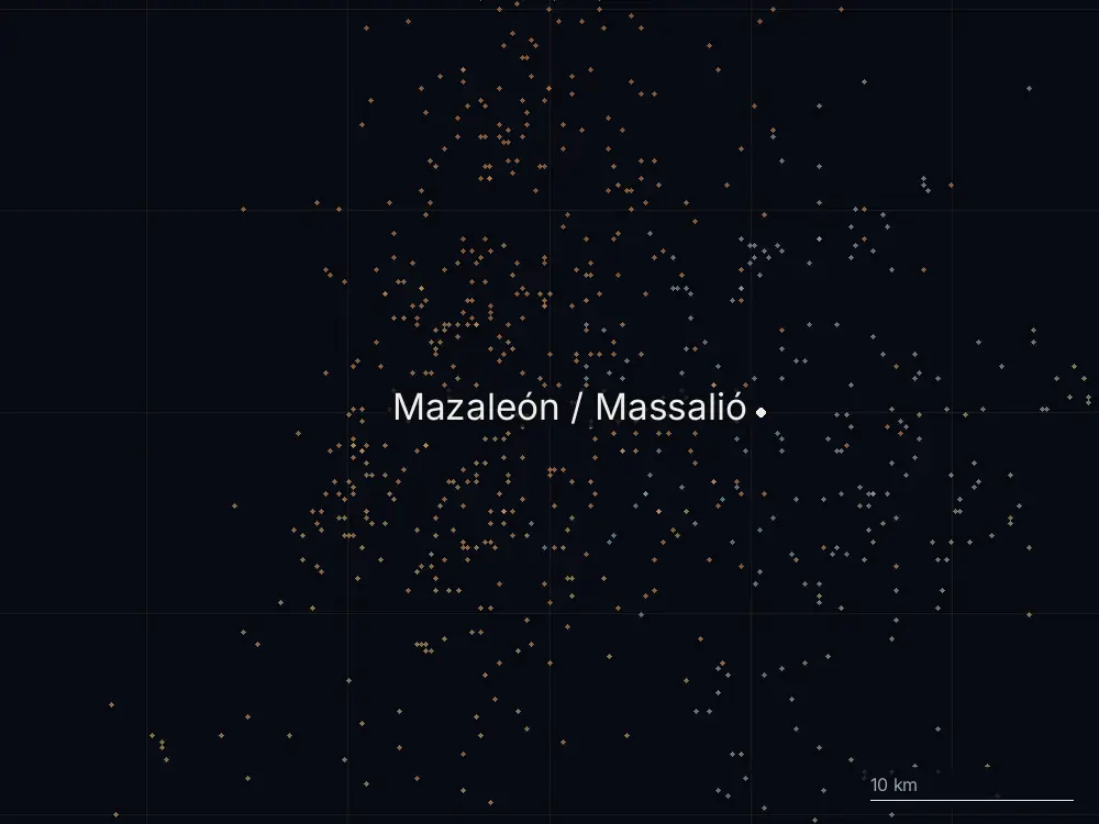 Karte der Blitze bei Mazaleón / Massalió am Montag, 13. Juli 2026