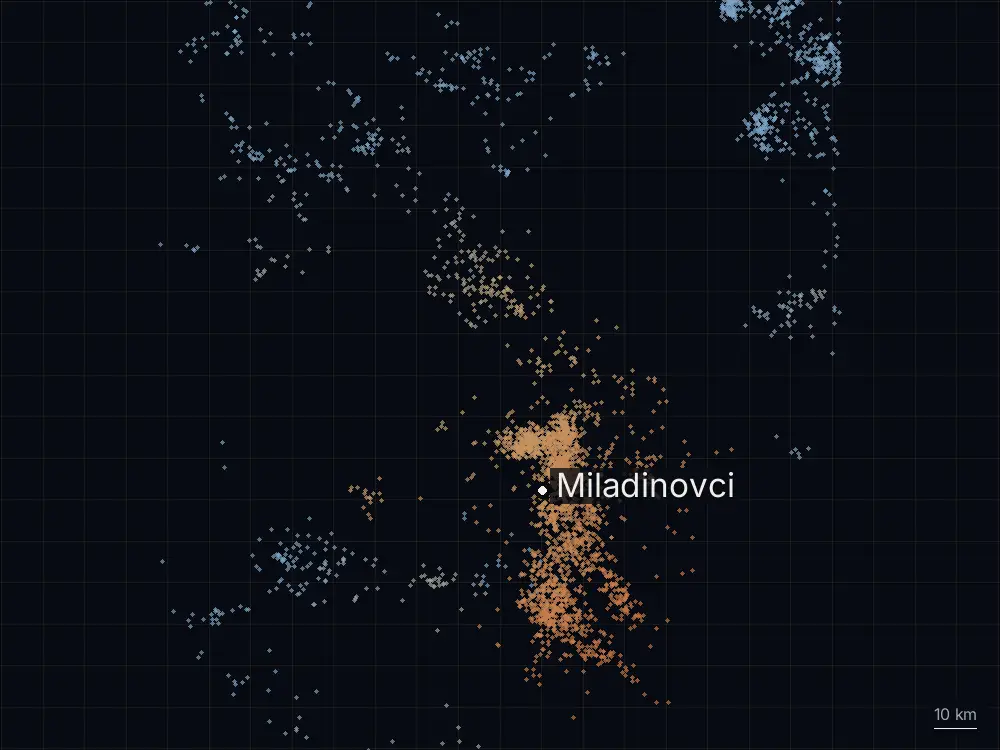 Karte der Blitze bei Miladinovci am Montag, 13. Juli 2026