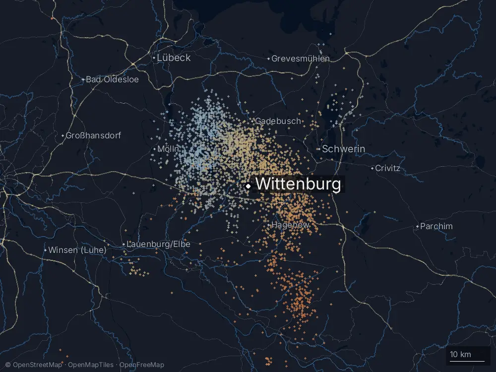 Karte der Blitze bei Wittenburg am Montag, 13. Juli 2026