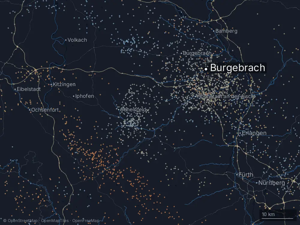 Karte der Blitze bei Burgebrach am Dienstag, 14. Juli 2026