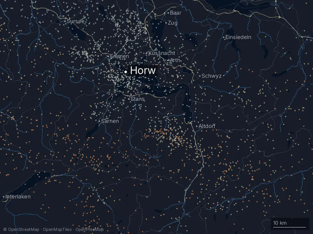 Karte der Blitze bei Horw am Dienstag, 14. Juli 2026
