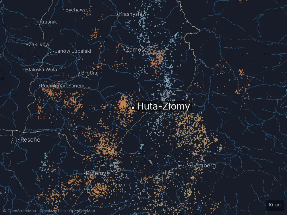 Karte der Blitze bei Huta-Złomy am Dienstag, 14. Juli 2026