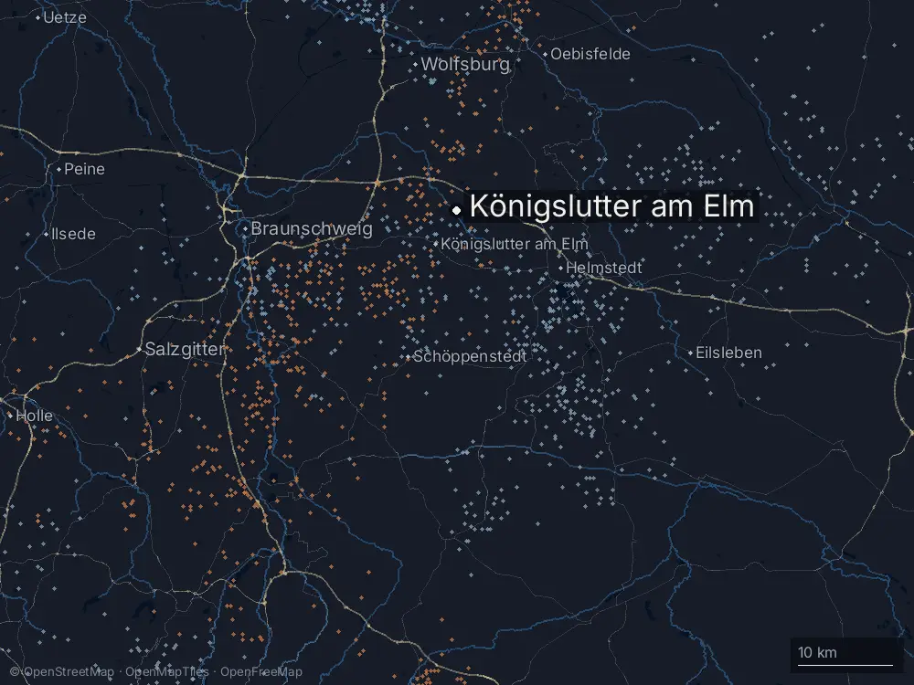 Karte der Blitze bei Königslutter am Elm am Dienstag, 14. Juli 2026