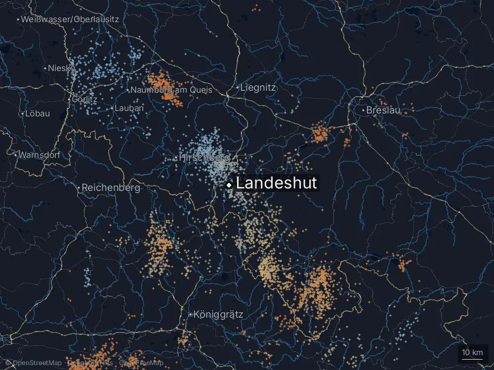 Karte der Blitze bei Landeshut am Dienstag, 14. Juli 2026