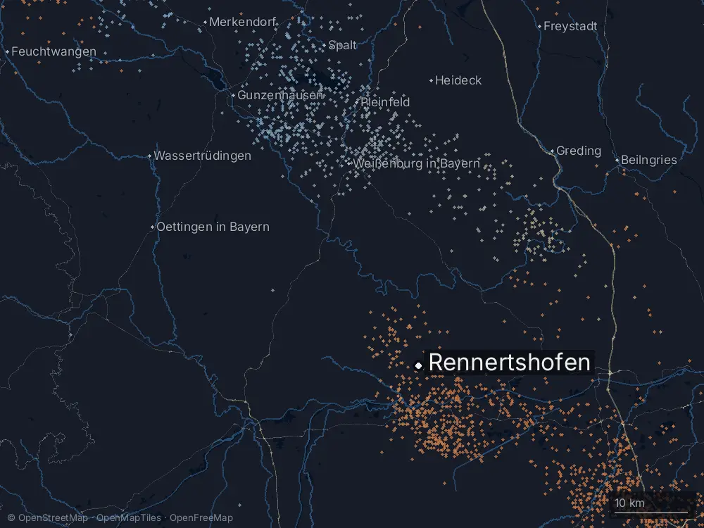 Karte der Blitze bei Rennertshofen am Dienstag, 14. Juli 2026