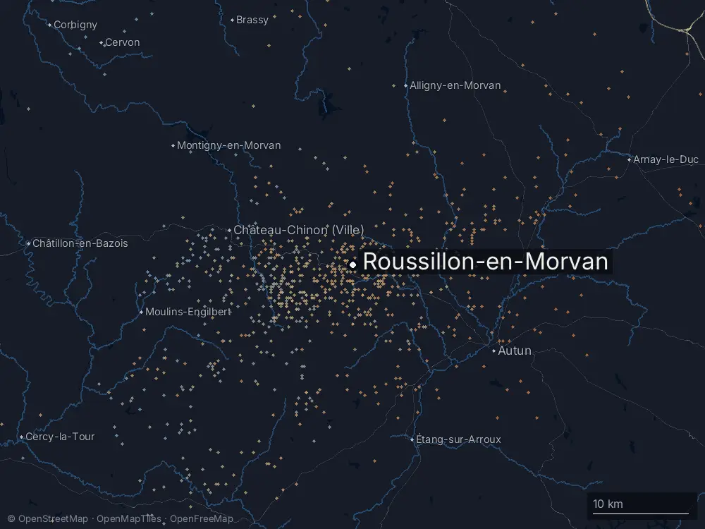 Karte der Blitze bei Roussillon-en-Morvan am Dienstag, 14. Juli 2026