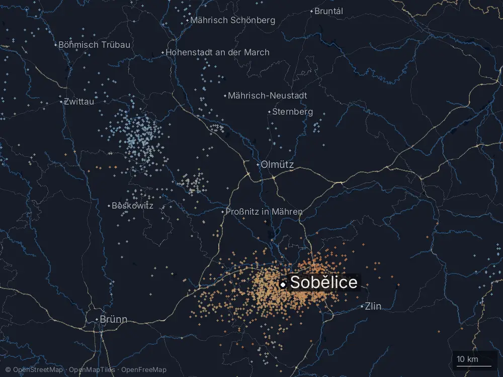Karte der Blitze bei Sobělice am Dienstag, 14. Juli 2026