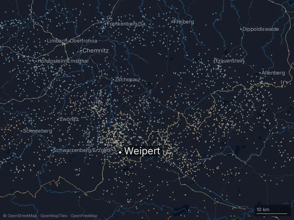 Karte der Blitze bei Weipert am Dienstag, 14. Juli 2026