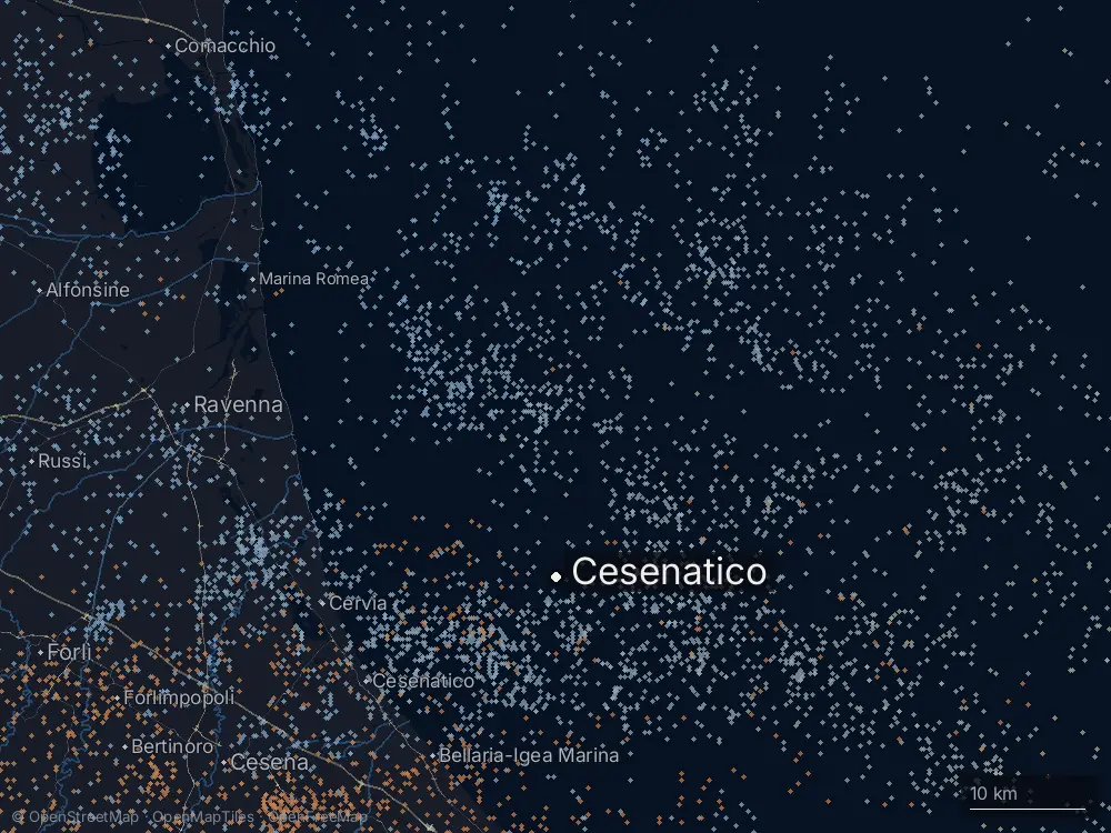 Karte der Blitze bei Cesenatico am Mittwoch, 15. Juli 2026