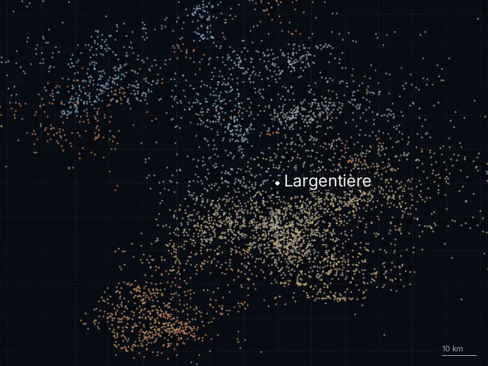 Karte der Blitze bei Largentière am Mittwoch, 15. Juli 2026