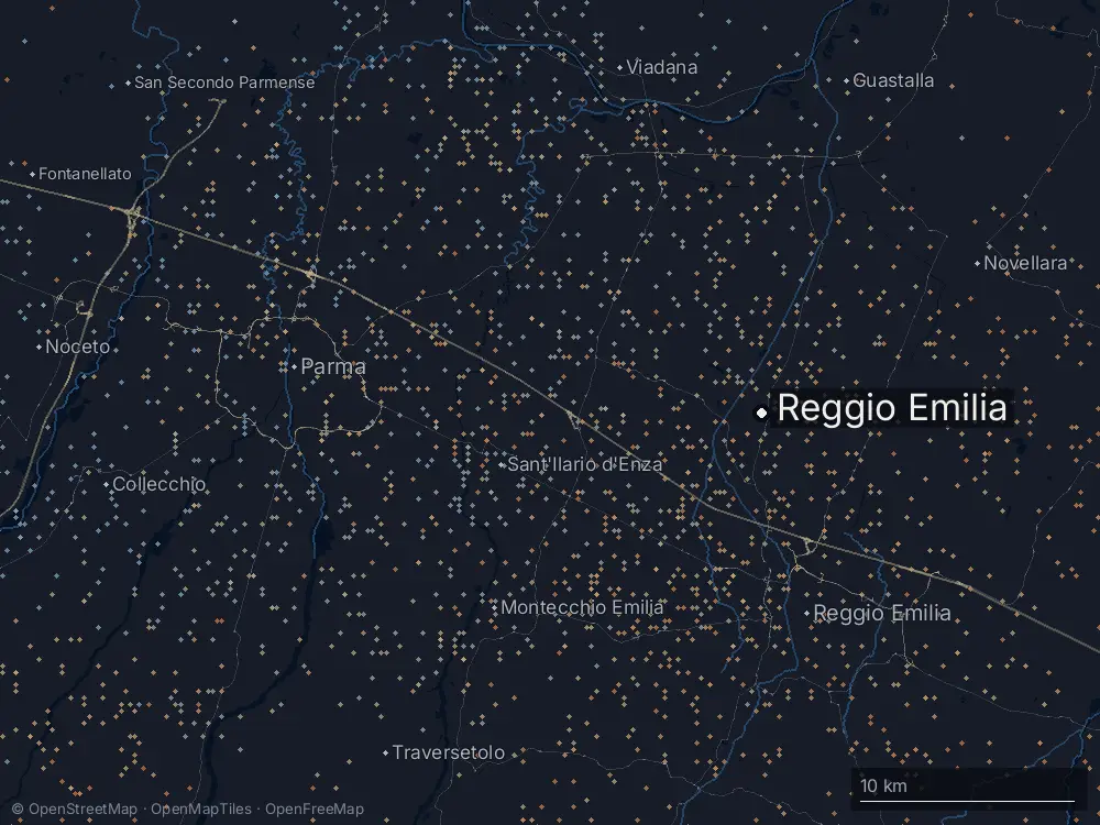 Karte der Blitze bei Reggio Emilia am Mittwoch, 15. Juli 2026