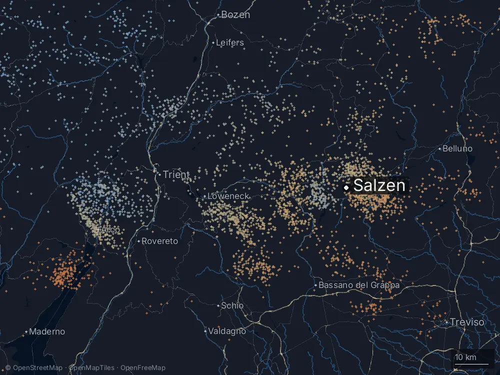 Karte der Blitze bei Salzen am Mittwoch, 15. Juli 2026