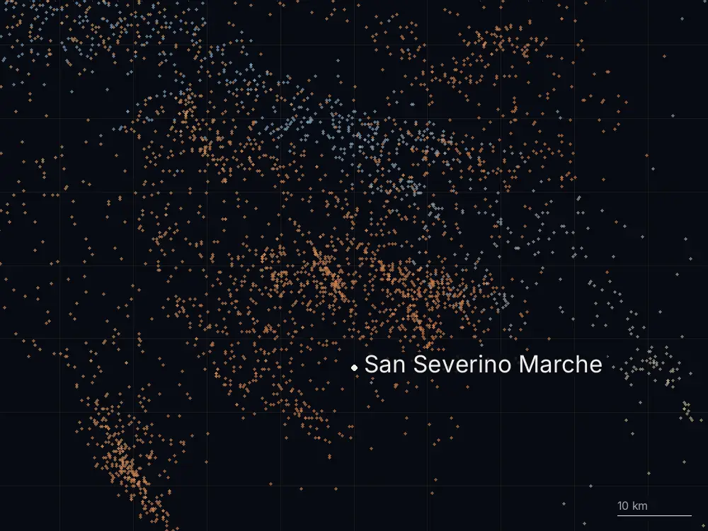 Karte der Blitze bei San Severino Marche am Mittwoch, 15. Juli 2026