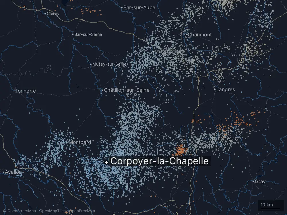 Karte der Blitze bei Corpoyer-la-Chapelle am Donnerstag, 16. Juli 2026