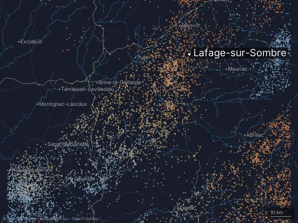 Karte der Blitze bei Lafage-sur-Sombre am Donnerstag, 16. Juli 2026