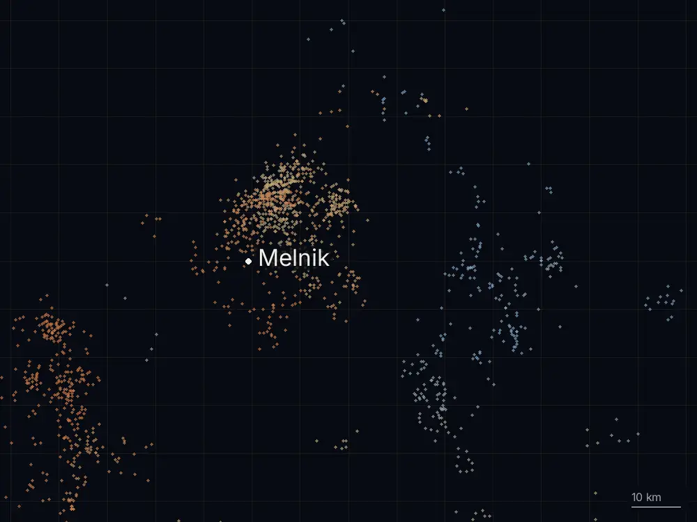 Karte der Blitze bei Melnik am Donnerstag, 16. Juli 2026