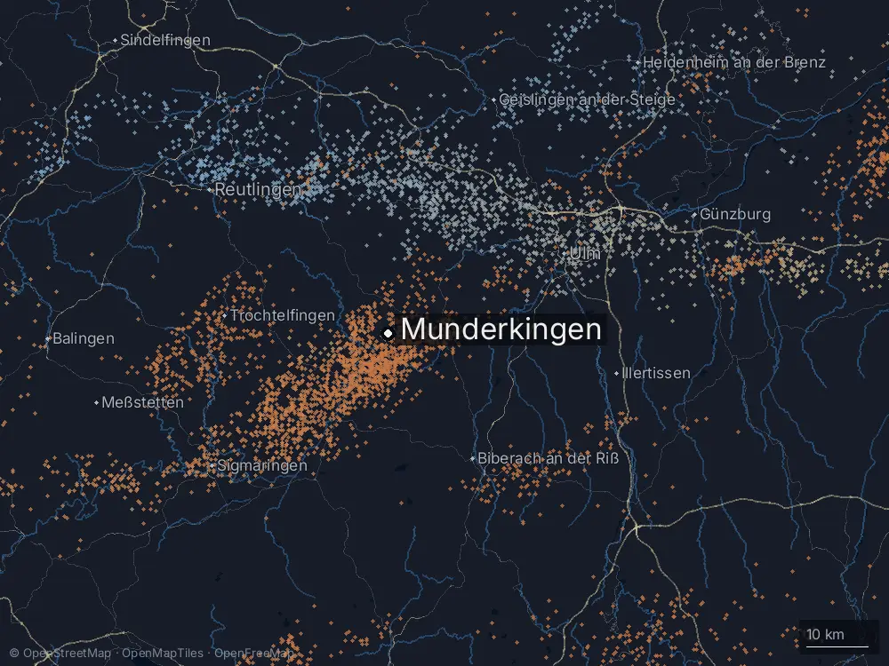 Karte der Blitze bei Munderkingen am Donnerstag, 16. Juli 2026