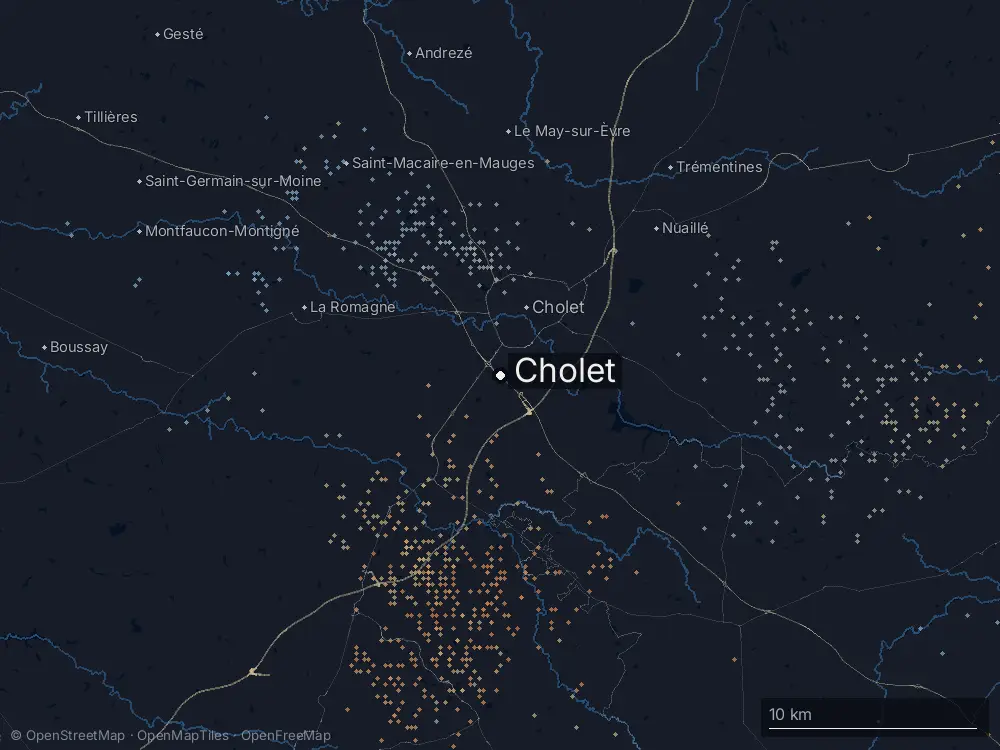 Karte der Blitze bei Cholet am Freitag, 17. Juli 2026