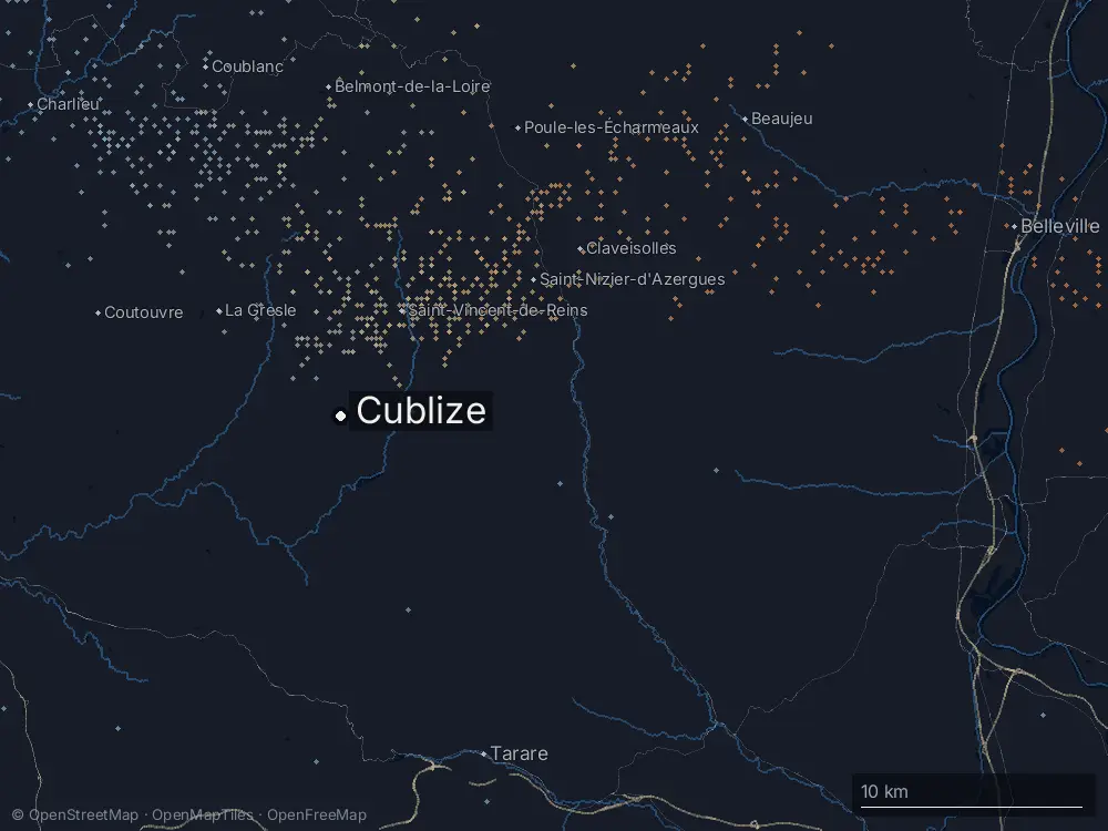 Karte der Blitze bei Cublize am Freitag, 17. Juli 2026