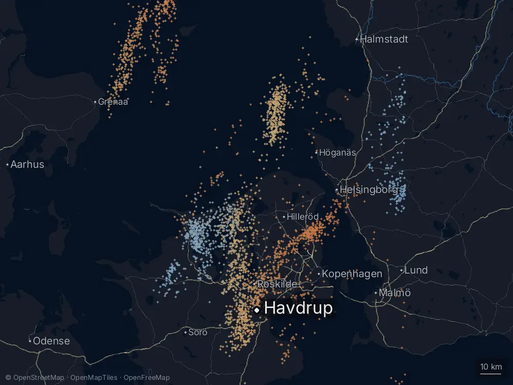 Karte der Blitze bei Havdrup am Freitag, 17. Juli 2026