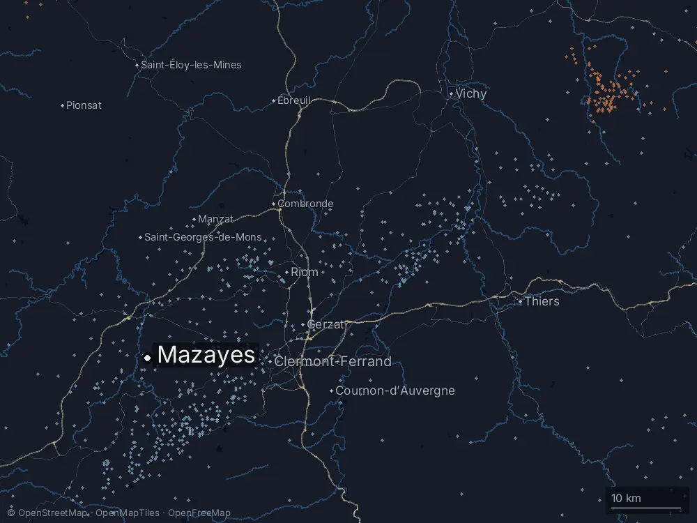 Karte der Blitze bei Mazayes am Freitag, 17. Juli 2026
